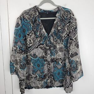 Notations Blouse Ruffle V Neck Paisley Y2K Grunge Blue Brown Womens 3X Buttons